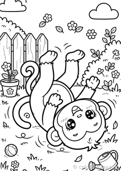 Coloring page of monkeys and jungle friends playing with a friend in a sunny meadow.