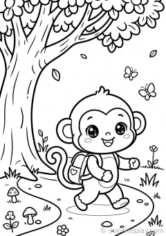 Coloring page of monkeys and jungle friends sitting under a tree in a cozy backyard.