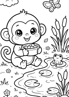 Coloring page of playful monkey moments sitting under a tree under a big tree.
