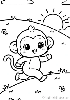 Coloring page of two monkeys play leapfrog rolling playfully on the ground in a flower garden.