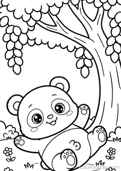 Coloring page of baby panda drinking water from a pond in a cozy backyard.