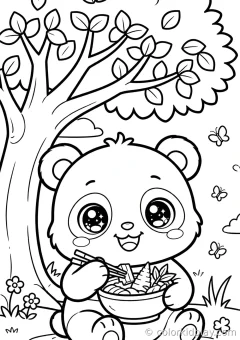 Coloring page of climbing eating from a bowl on a hill at sunset.