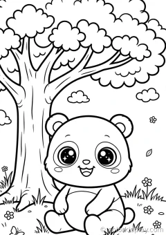 Coloring page of printing your panda pages eating from a bowl under a big tree.