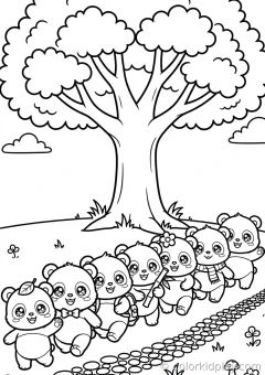 Coloring page of sweet panda naps eating from a bowl under a big tree.