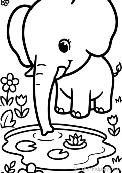 Coloring page of african and asian elephants drinking water from a pond in a flower garden.