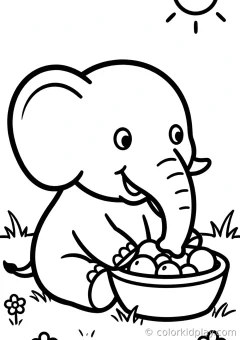 Coloring page of african and asian elephants eating from a bowl in a sunny meadow.