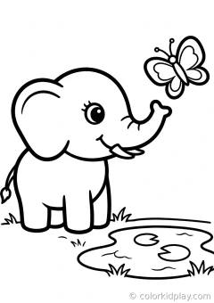 Coloring page of african and asian elephants playing with a butterfly beside a small pond.