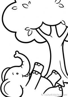 Coloring page of african and asian elephants rolling playfully on the ground under a big tree.
