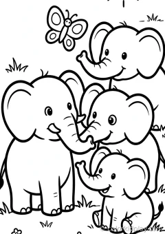 Coloring page of broadest elephant collection playing with a butterfly in a sunny meadow.