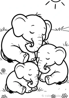 Coloring page of broadest elephant collection sleeping curled up peacefully in a sunny meadow.