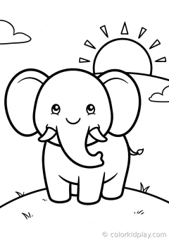 Coloring page of creative looking at the viewer with a smile on a hill at sunset.