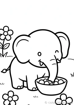 Coloring page of elephant eating from a bowl in a flower garden.