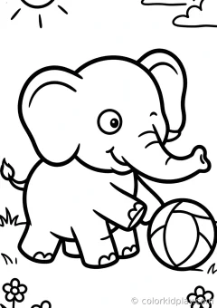 Coloring page of elephant playing with a ball in a sunny meadow.