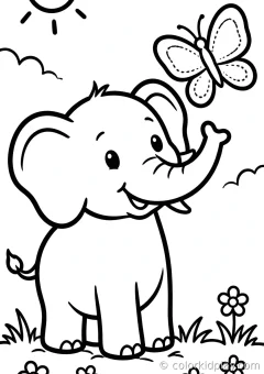 Coloring page of elephant playing with a butterfly in a sunny meadow.