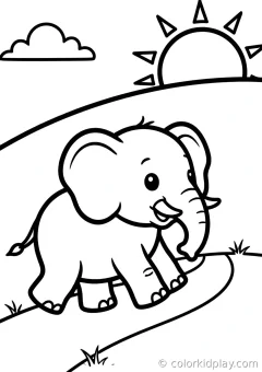 Coloring page of elephants love to play walking along a path on a hill at sunset.