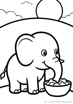Coloring page of everyday adventures eating from a bowl on a hill at sunset.