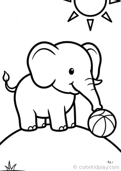 Coloring page of playful baby elephants splashing playing with a ball on a hill at sunset.