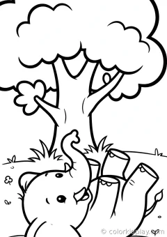 Coloring page of playful baby elephants splashing rolling playfully on the ground under a big tree.