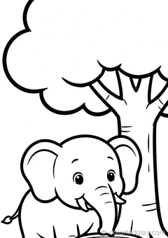 Coloring page of playtime eating from a bowl under a big tree.