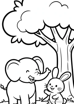 Coloring page of playtime playing with a friend under a big tree.