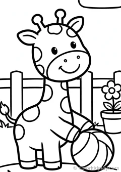 Coloring page of fun surprises playing with a ball in a cozy backyard.
