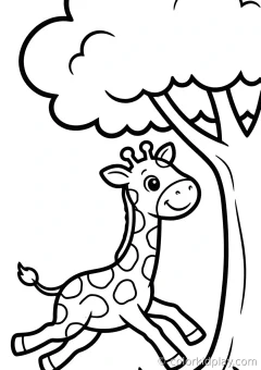 Coloring page of fun surprises running happily under a big tree.