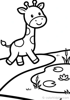 Coloring page of fun surprises walking along a path beside a small pond.