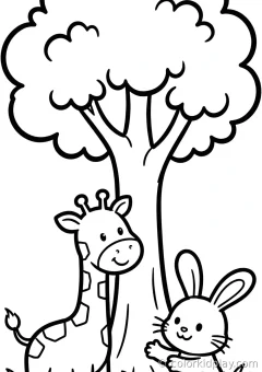 Coloring page of giraffes love to eat playing with a friend under a big tree.