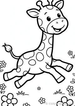 Coloring page of giraffes love to eat running happily in a flower garden.