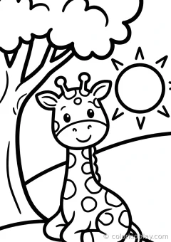 Coloring page of giraffes love to eat sitting under a tree on a hill at sunset.
