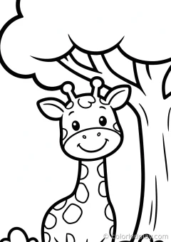 Coloring page of giraffes on the move looking at the viewer with a smile under a big tree.