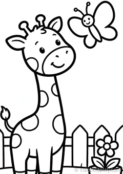 Coloring page of giraffes on the move playing with a butterfly in a cozy backyard.