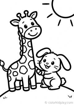 Coloring page of giraffes on the move playing with a friend on a hill at sunset.