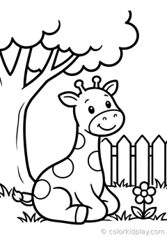 Coloring page of giraffes on the move sitting under a tree in a cozy backyard.