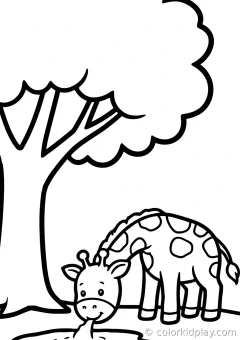 Coloring page of rest and cozy moments drinking water from a pond under a big tree.