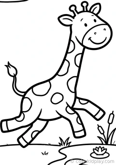 Coloring page of rest and cozy moments running happily beside a small pond.
