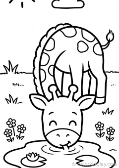 Coloring page of snack time drinking water from a pond in a sunny meadow.