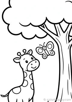 Coloring page of snack time playing with a butterfly under a big tree.