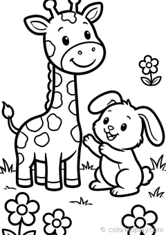 Coloring page of snack time playing with a friend in a flower garden.