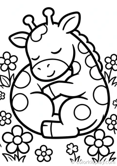 Coloring page of snack time sleeping curled up peacefully in a flower garden.