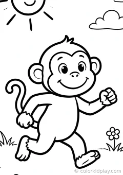 Coloring page of big smiling monkeys running happily in a sunny meadow.