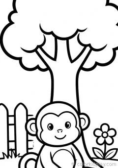 Coloring page of big smiling monkeys sitting under a tree in a cozy backyard.