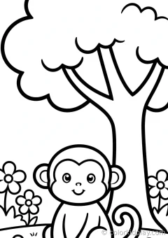 Coloring page of big smiling monkeys sitting under a tree in a flower garden.