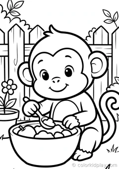 Coloring page of cozy and calm pages eating from a bowl in a cozy backyard.
