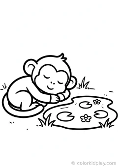 Coloring page of cozy and calm pages sleeping curled up peacefully beside a small pond.