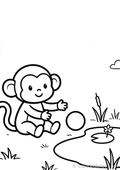 Coloring page of monkeys with simple props playing with a ball beside a small pond.