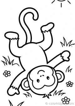 Coloring page of monkeys with simple props rolling playfully on the ground in a sunny meadow.