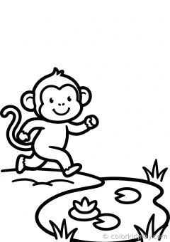 Coloring page of monkeys with simple props running happily beside a small pond.