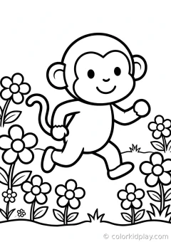 Coloring page of monkeys with simple props running happily in a flower garden.
