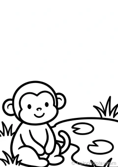 Coloring page of monkeys with simple props sitting in green grass beside a small pond.